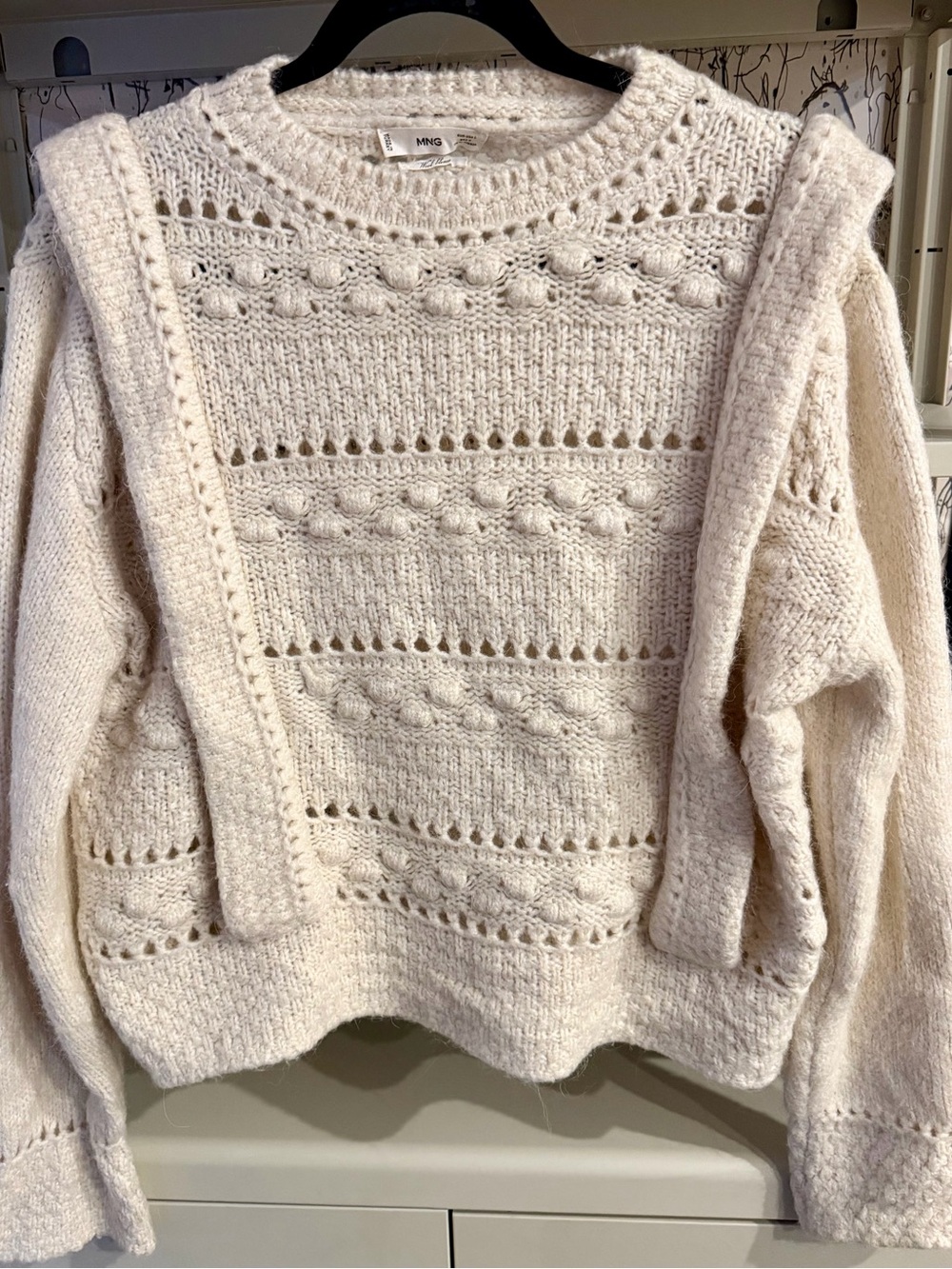 Mango Fuzzy Wool Blend Cream Open-Knit Cable Sweater size Large
